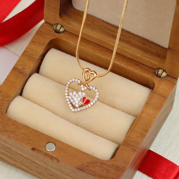 "Heart-Shaped Rose Gold Pendant with Red Accent and CZ Detailing, XPPT1518 - Picture 4 of 13